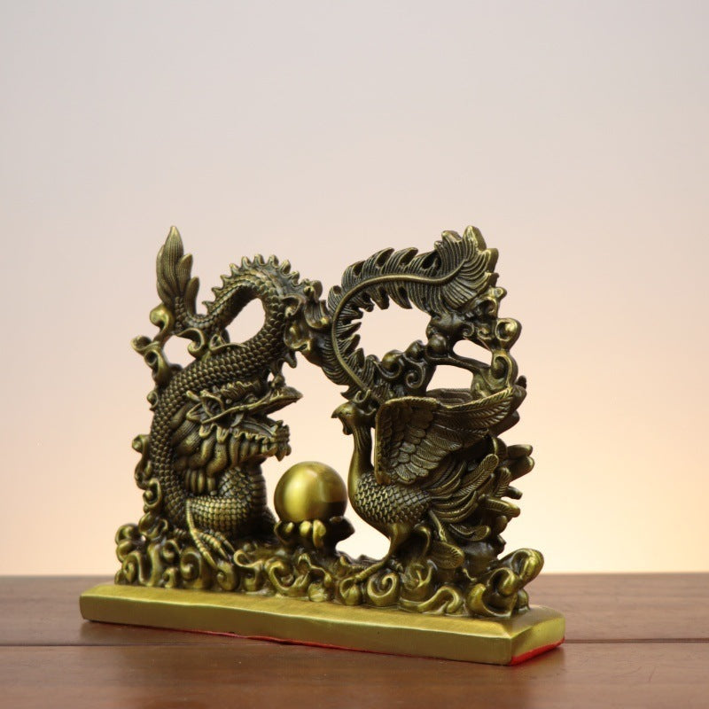 Dragon phoenix sculpture angled view with pearl motif and cloud base