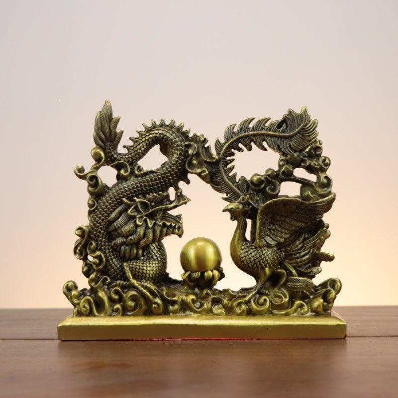 Copper dragon and phoenix pearl sculpture for Chinese feng shui decor