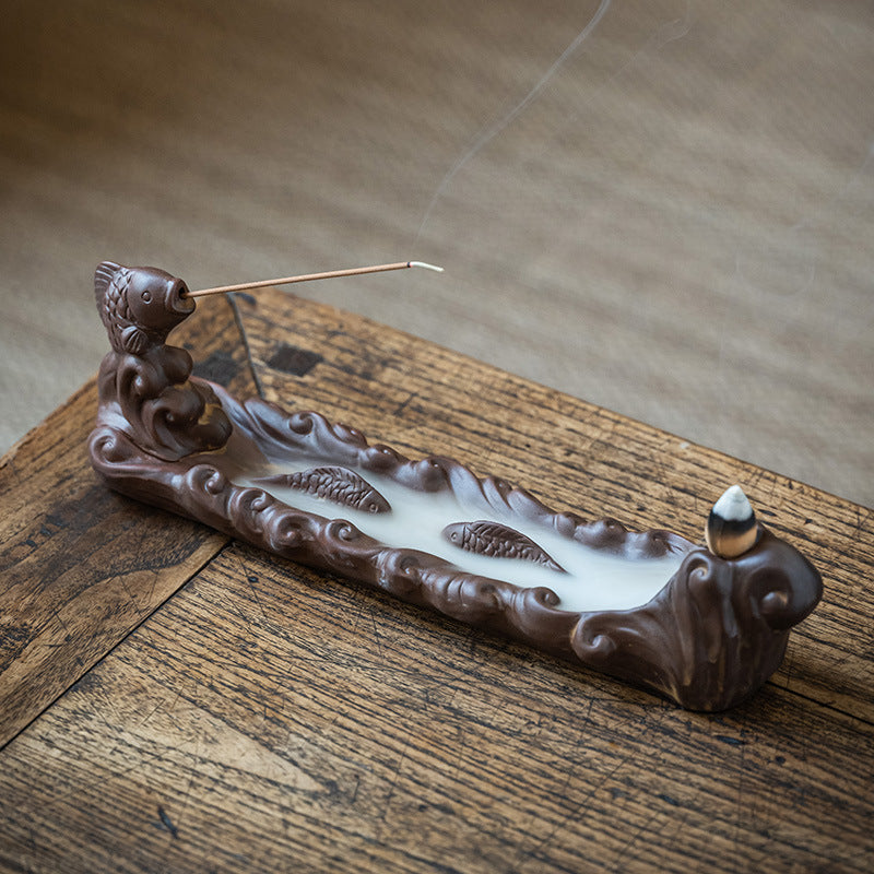 Dragon stream incense tray with backflow cone holder and incense stick