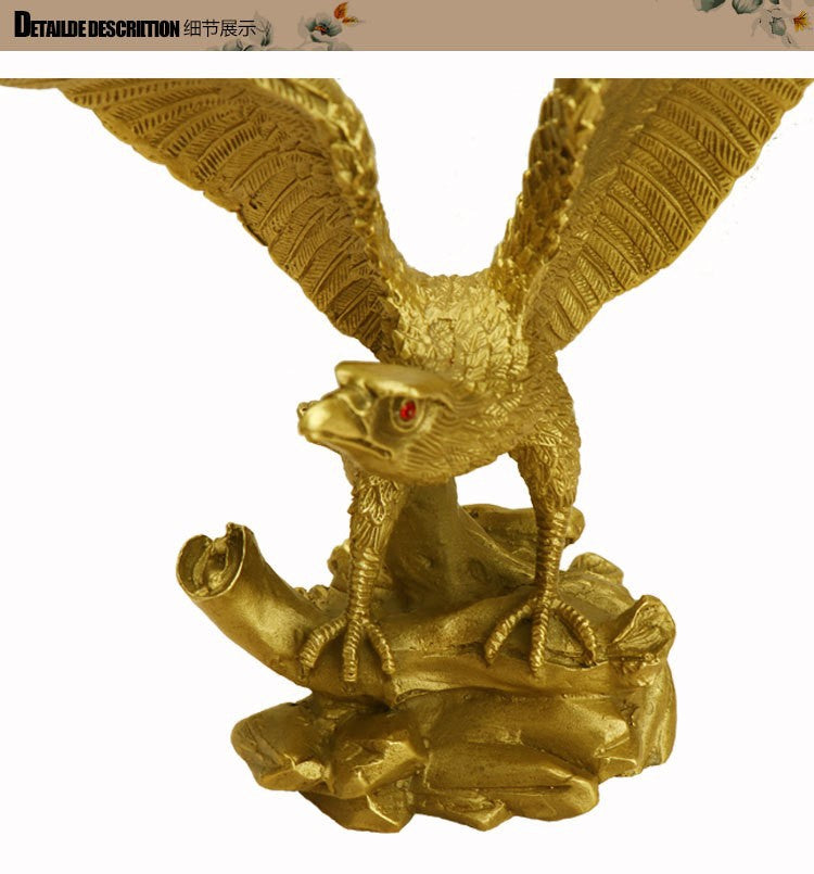 Detailed close view of eagle copper sculpture head claws feathers and rocky base