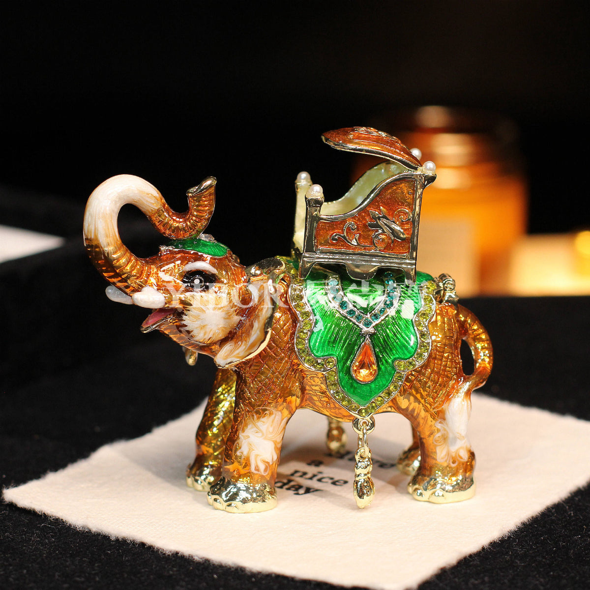 Enamel elephant collectible decor with gold tone finish