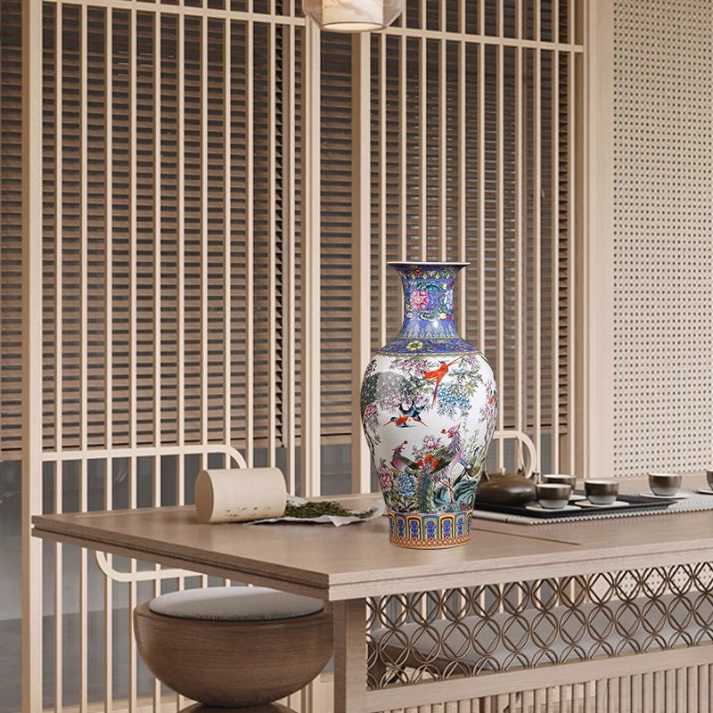 Large famille rose floor vase styled in a New Chinese interior