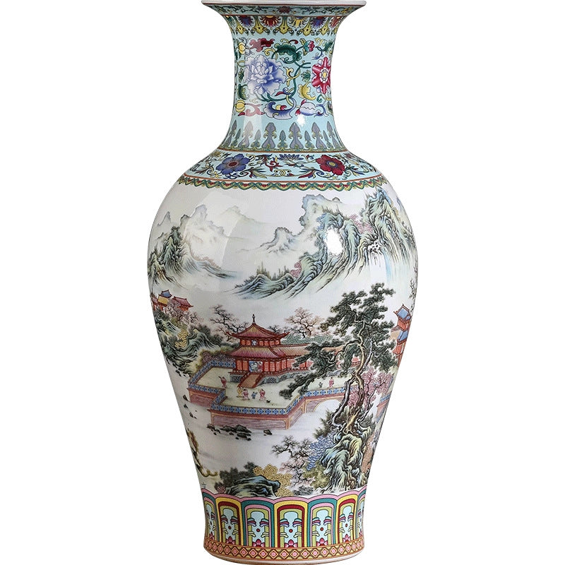 Large famille rose porcelain floor vase with landscape painting on white background