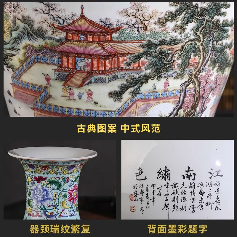 Famille rose floor vase enamel painting and neck detail