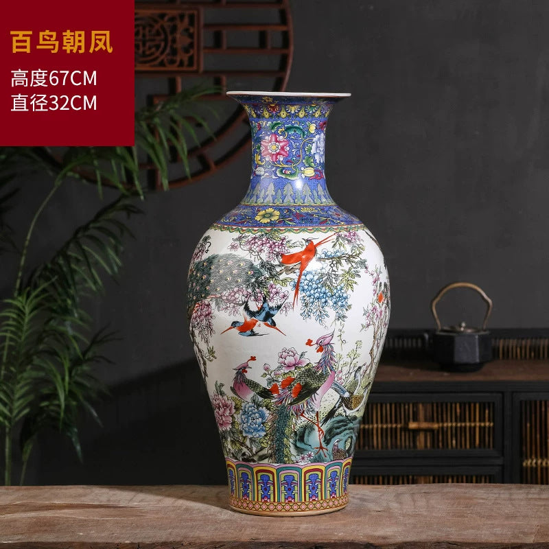 Large famille rose floor vase with phoenix and hundred birds motif