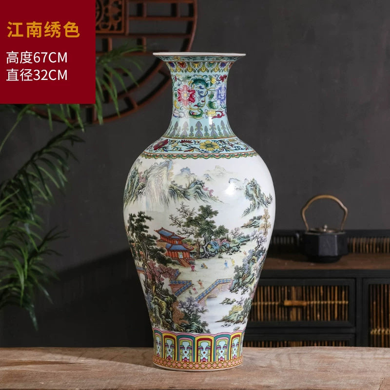 Large famille rose porcelain floor vase with Jiangnan landscape motif