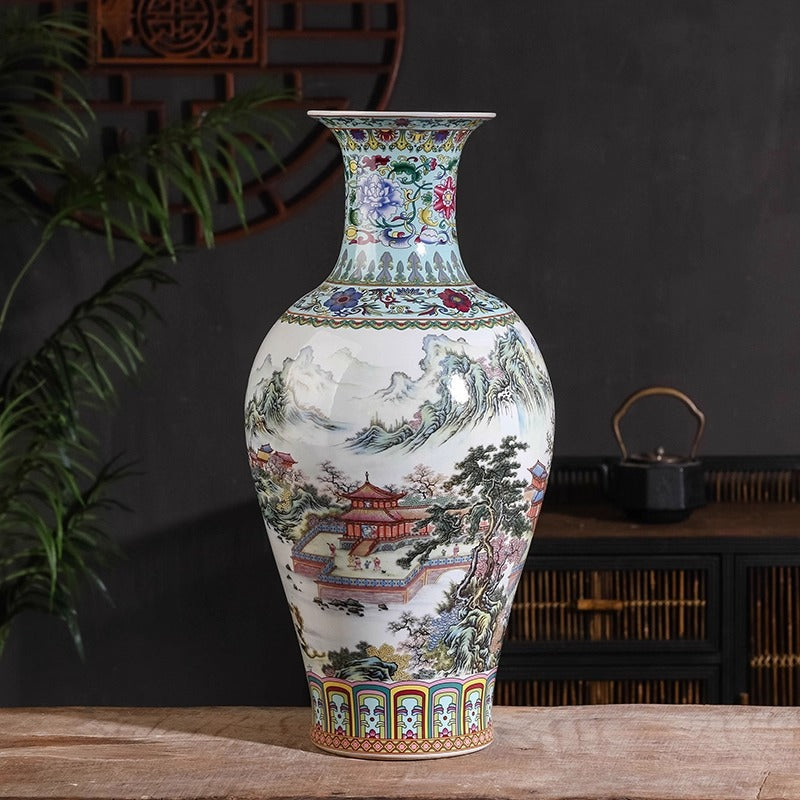 Large famille rose porcelain floor vase with pavilion and mountain landscape motif