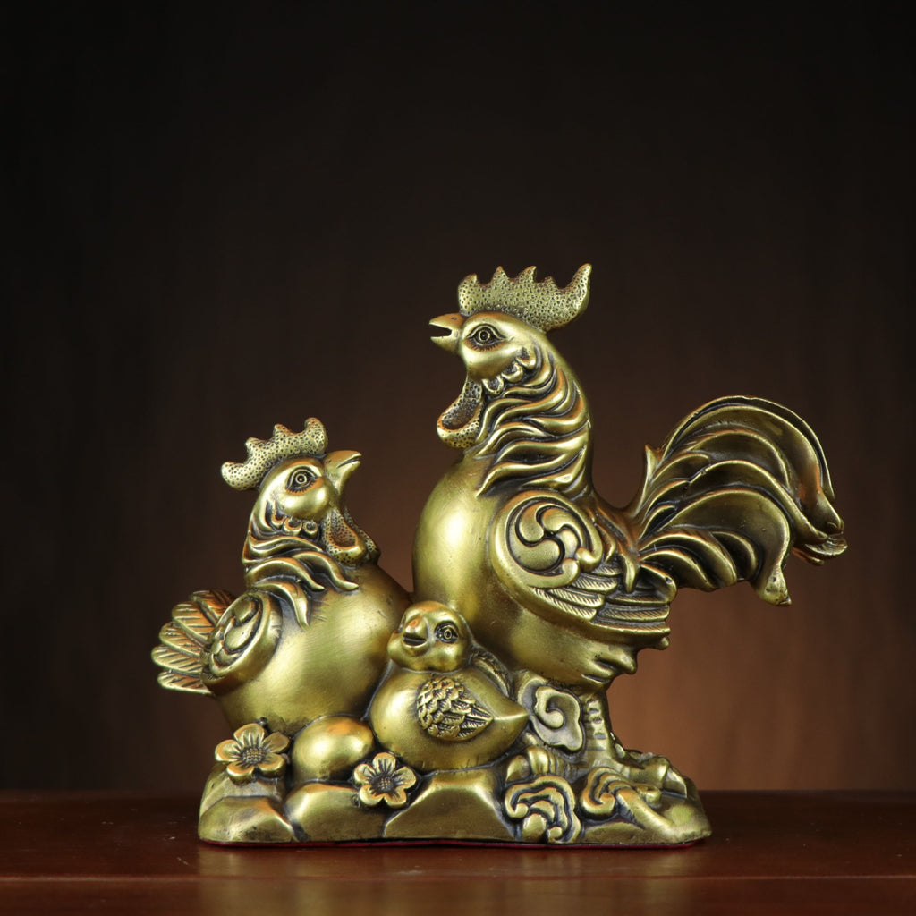 Family harmony rooster hen and chick sculpture front view in antique gold copper finish