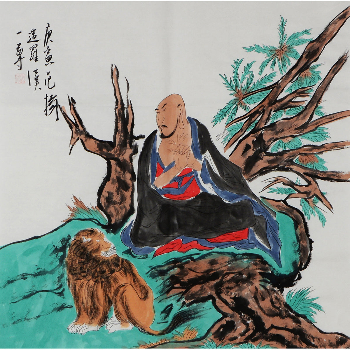 01 Fan Yang inspired Arhat with lion beneath pine