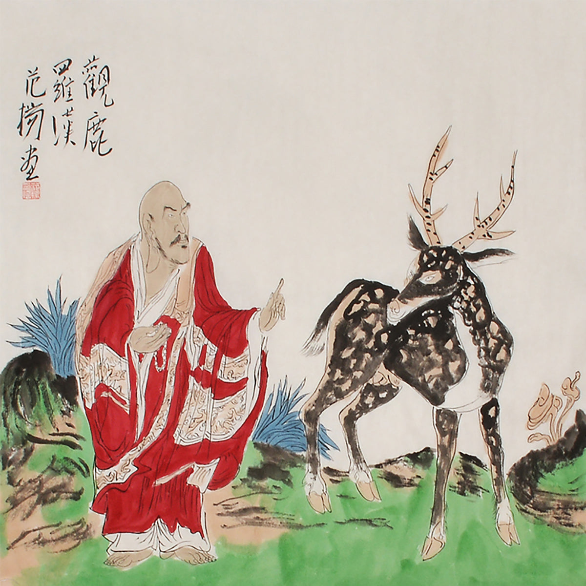14 Fan Yang inspired red-robed Arhat with spotted deer