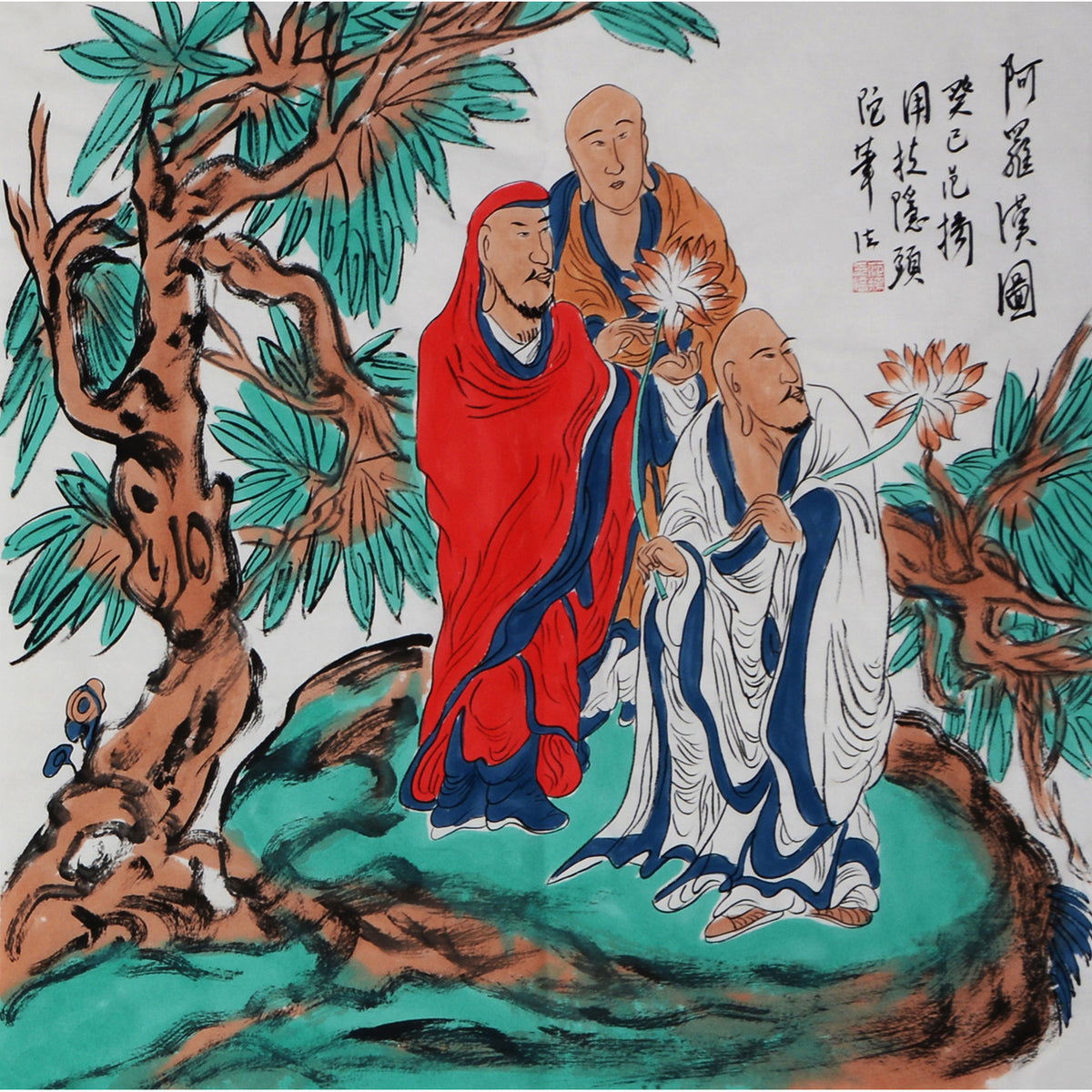 23 Fan Yang inspired three Arhats with lotus in pine grove
