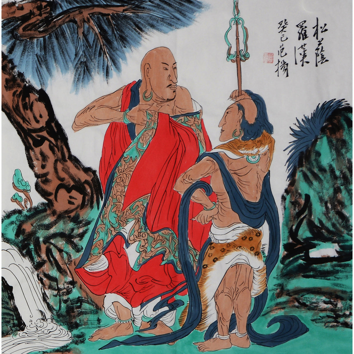 24 Fan Yang inspired Pine-Shade Arhat with staff-bearing attendant