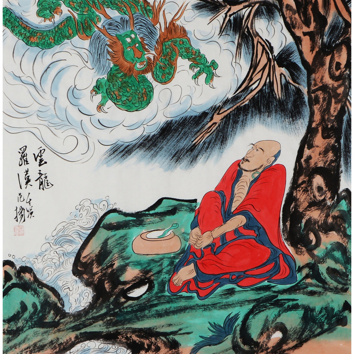 Fan Yang inspired hand-painted Chinese zodiac Dragon Arhat painting, red-robed Luohan watching a green dragon in clouds, 68 x 68 cm