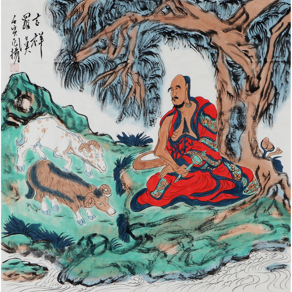Fan Yang inspired hand-painted Chinese zodiac Goat Arhat painting, red-robed Luohan with goats and sheep beside a stream, 68 x 68 cm