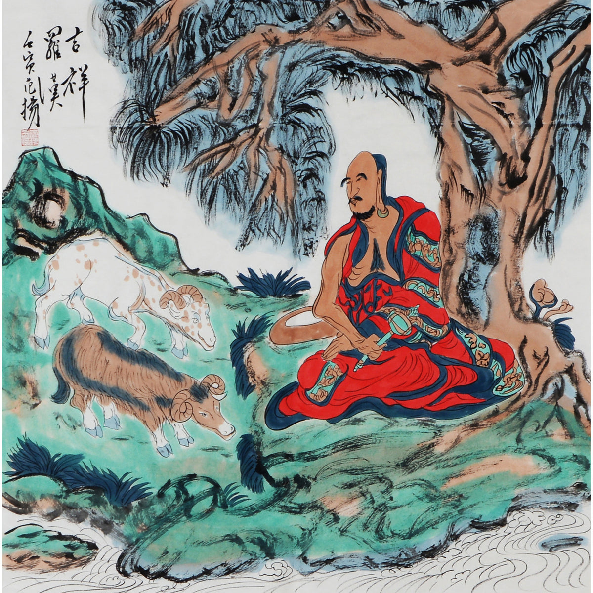 Fan Yang inspired hand-painted Chinese zodiac Goat Arhat painting, red-robed Luohan with goats and sheep beside a stream, 68 x 68 cm