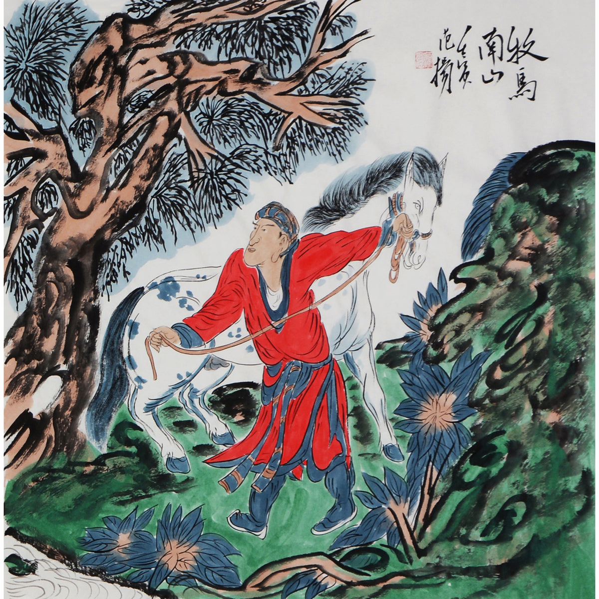 Fan Yang inspired hand-painted Chinese zodiac Horse Arhat painting, red-robed figure guiding a white horse in mountain garden, 68 x 68 cm