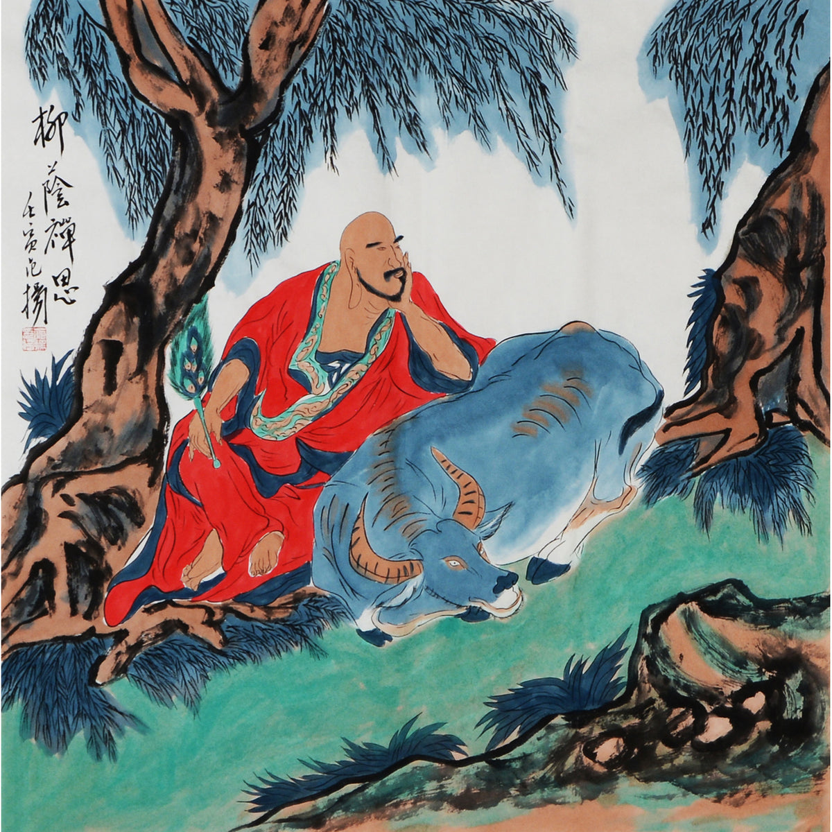 Fan Yang inspired hand-painted Chinese zodiac Ox Arhat painting, red-robed Luohan beside blue ox beneath ancient tree, 68 x 68 cm