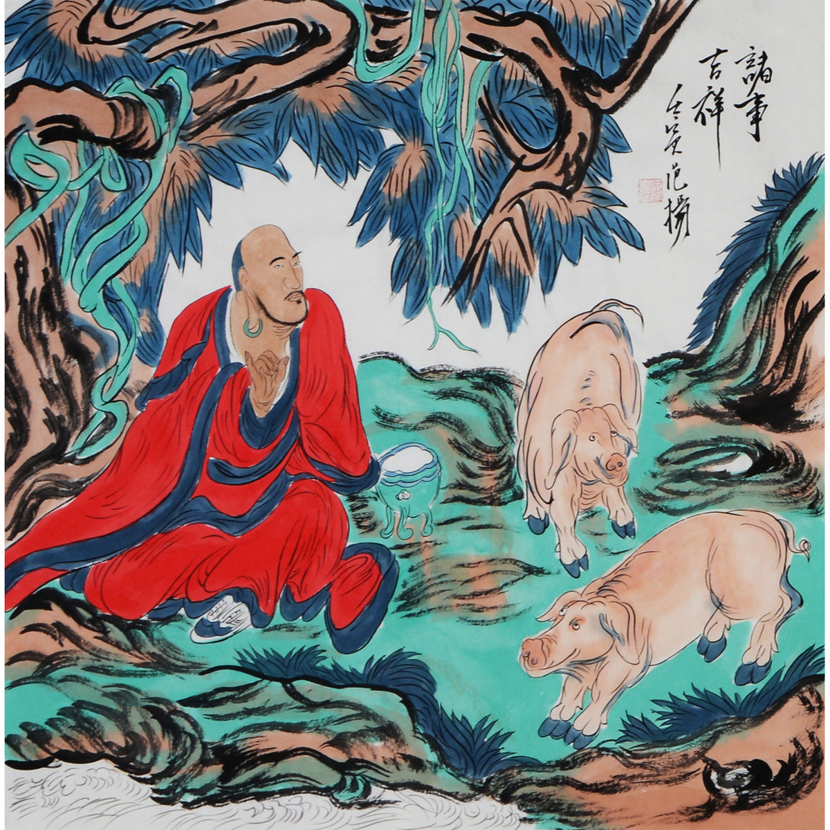 Fan Yang inspired hand-painted Chinese zodiac Pig Arhat painting, red-robed Luohan with pigs beneath pine grove, 68 x 68 cm