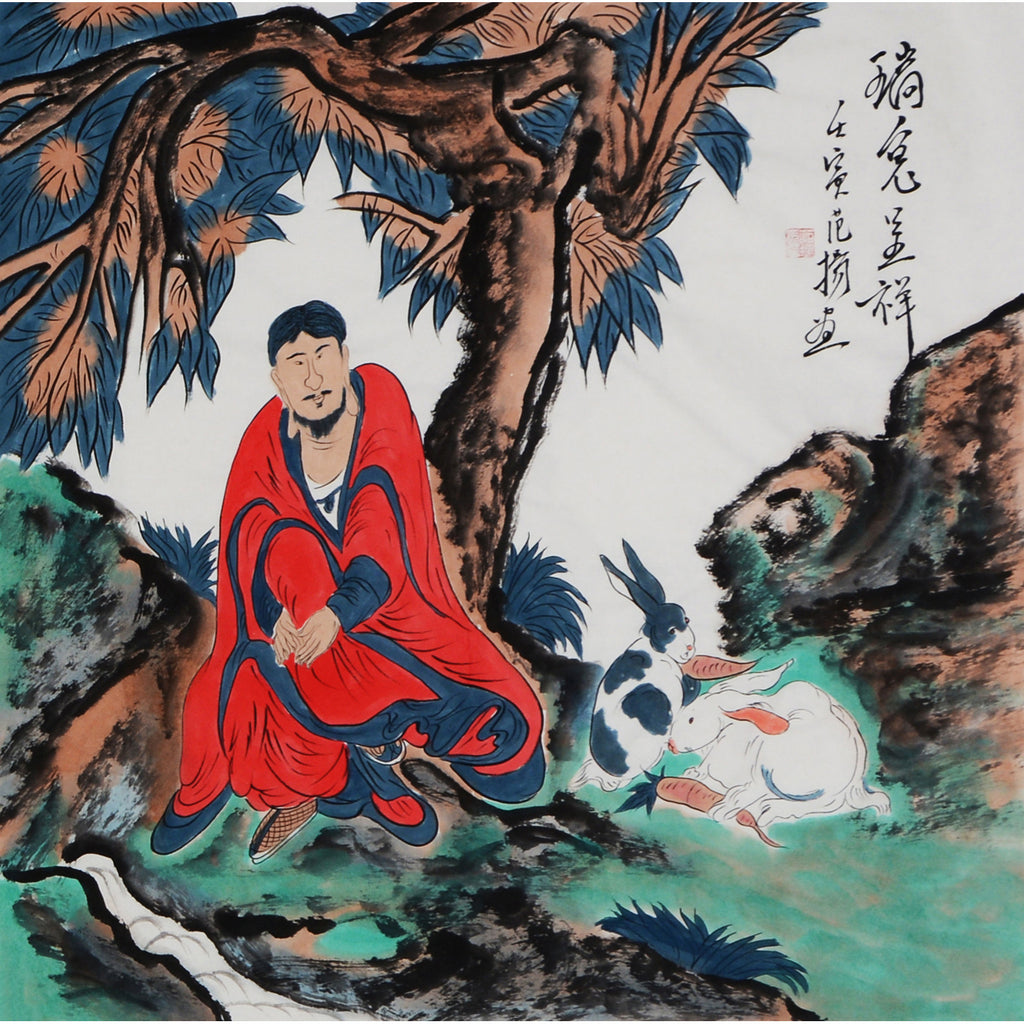 Fan Yang inspired hand-painted Chinese zodiac Rabbit Arhat painting, red-robed Luohan with two rabbits beneath ancient tree, 68 x 68 cm