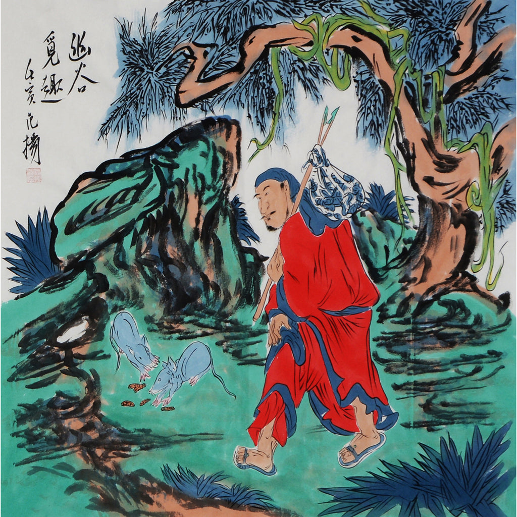 Fan Yang inspired hand-painted Chinese zodiac Rat Arhat painting, red-robed Luohan with two rats, 68 x 68 cm