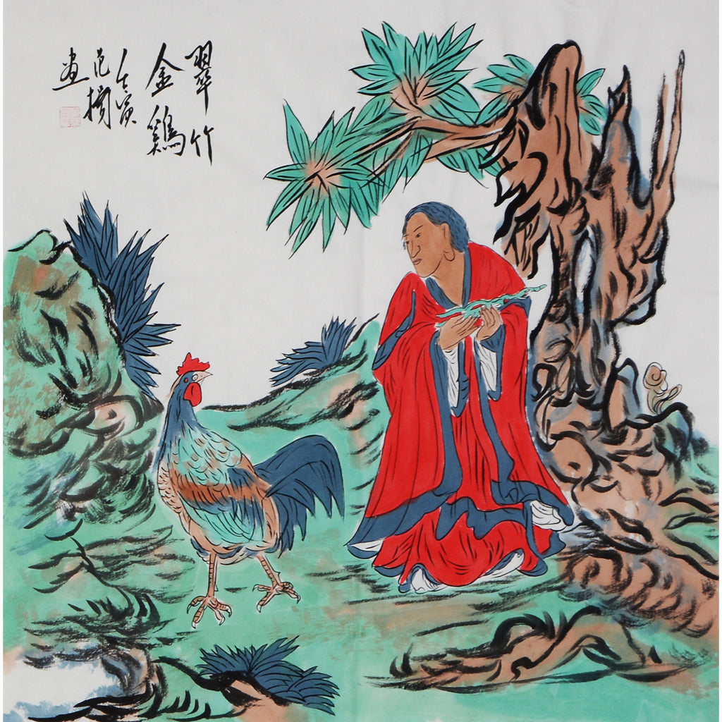 Fan Yang inspired hand-painted Chinese zodiac Rooster Arhat painting, red-robed Luohan beside colourful rooster beneath tree, 68 x 68 cm