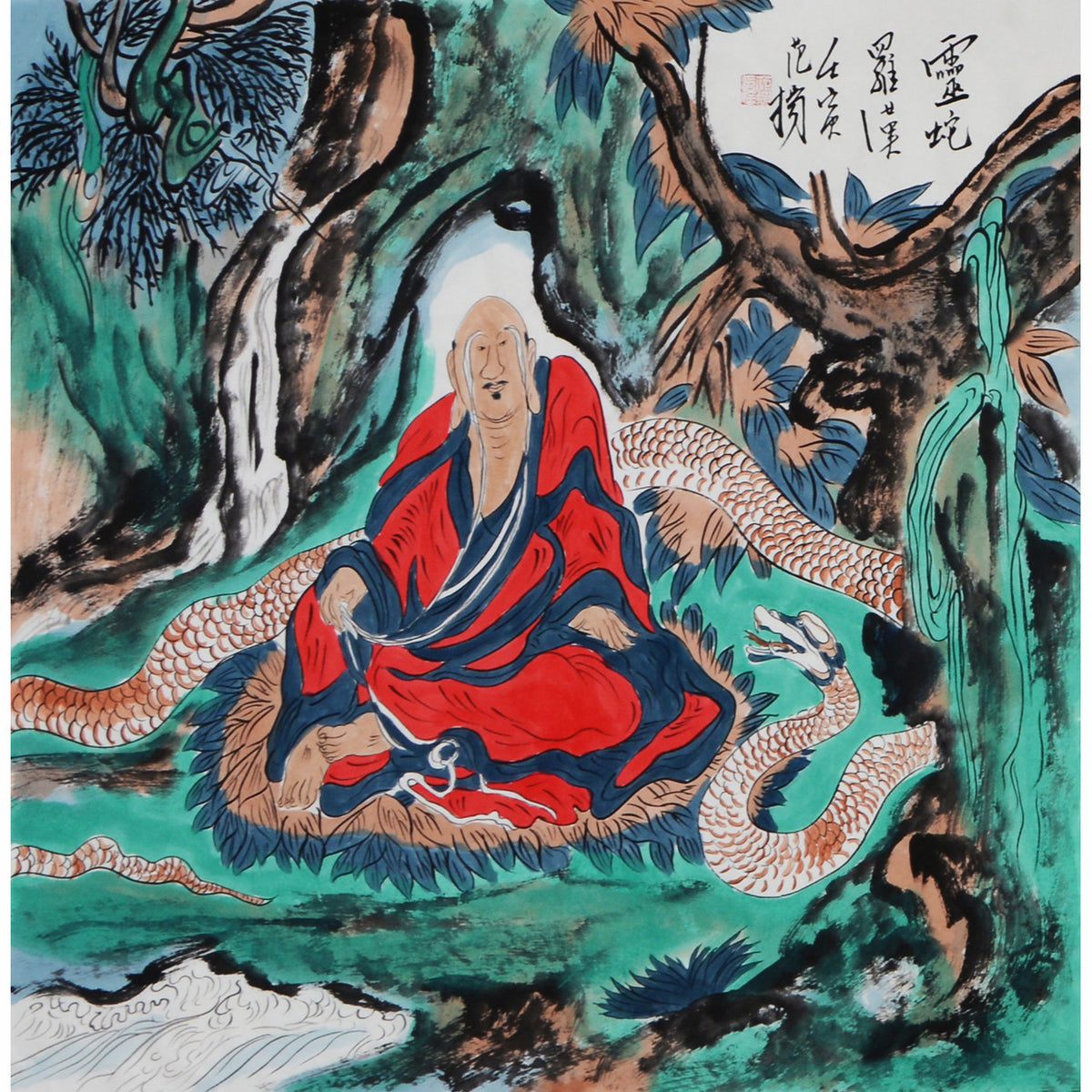Fan Yang inspired hand-painted Chinese zodiac Snake Arhat painting, red-robed Luohan with coiled serpent in mountain retreat, 68 x 68 cm