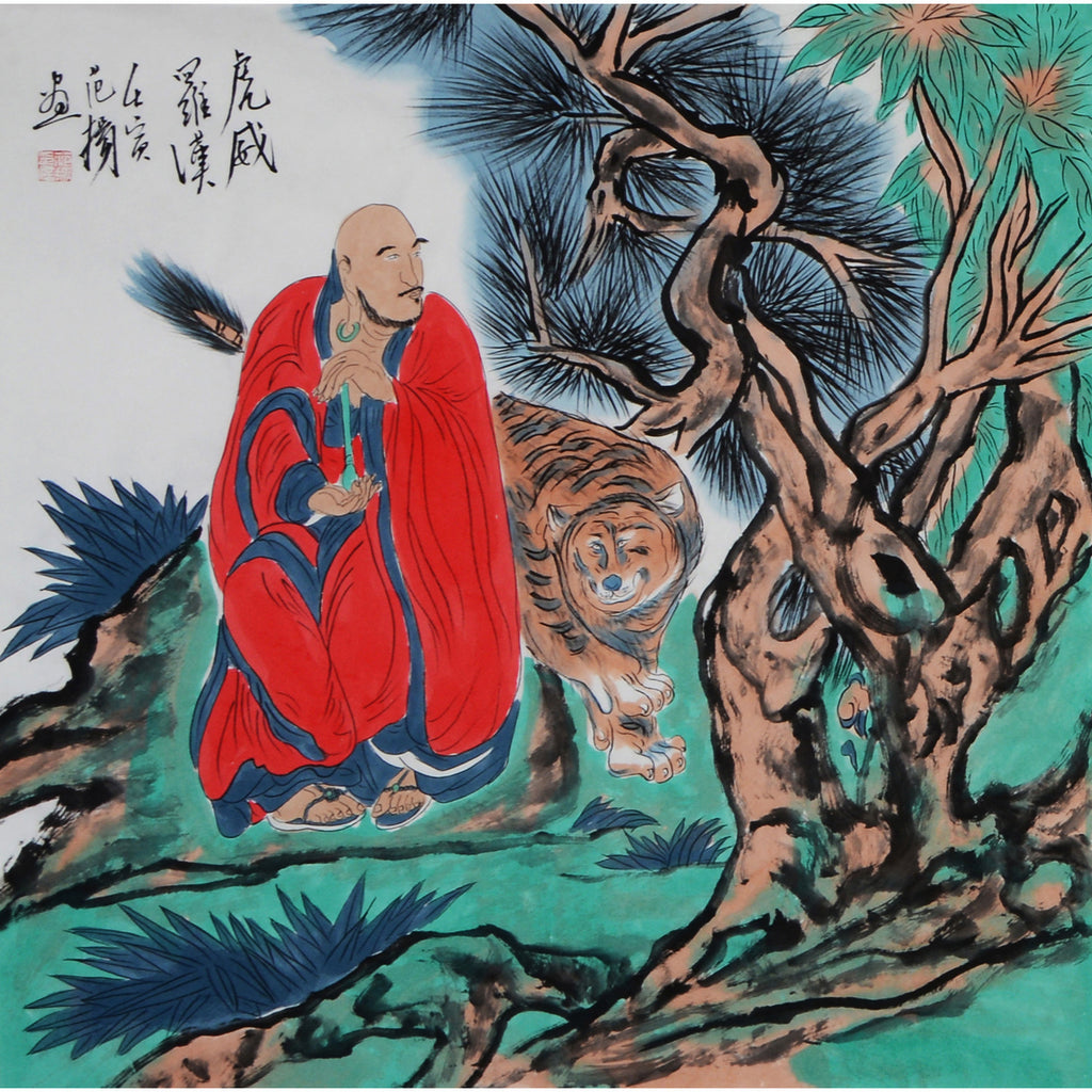 Fan Yang inspired hand-painted Chinese zodiac Tiger Arhat painting, red-robed Luohan with tiger beneath old tree, 68 x 68 cm
