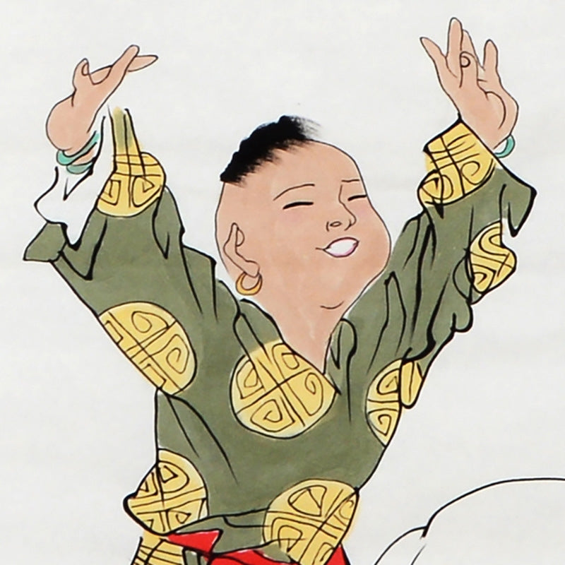 Detail of smiling child figure in Fan Zeng inspired hand-painted Laozi Yanyi 老子演易 Chinese figure painting