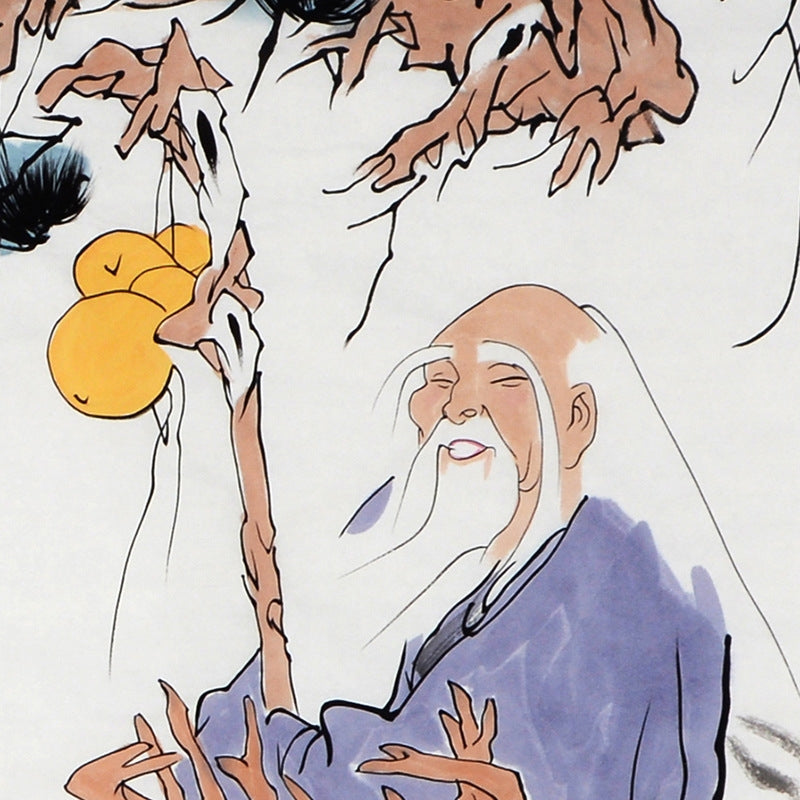 Detail of Laozi elder figure and hanging yellow gourd beneath ancient pine in Fan Zeng inspired hand-painted 老子演易 Chinese figure painting