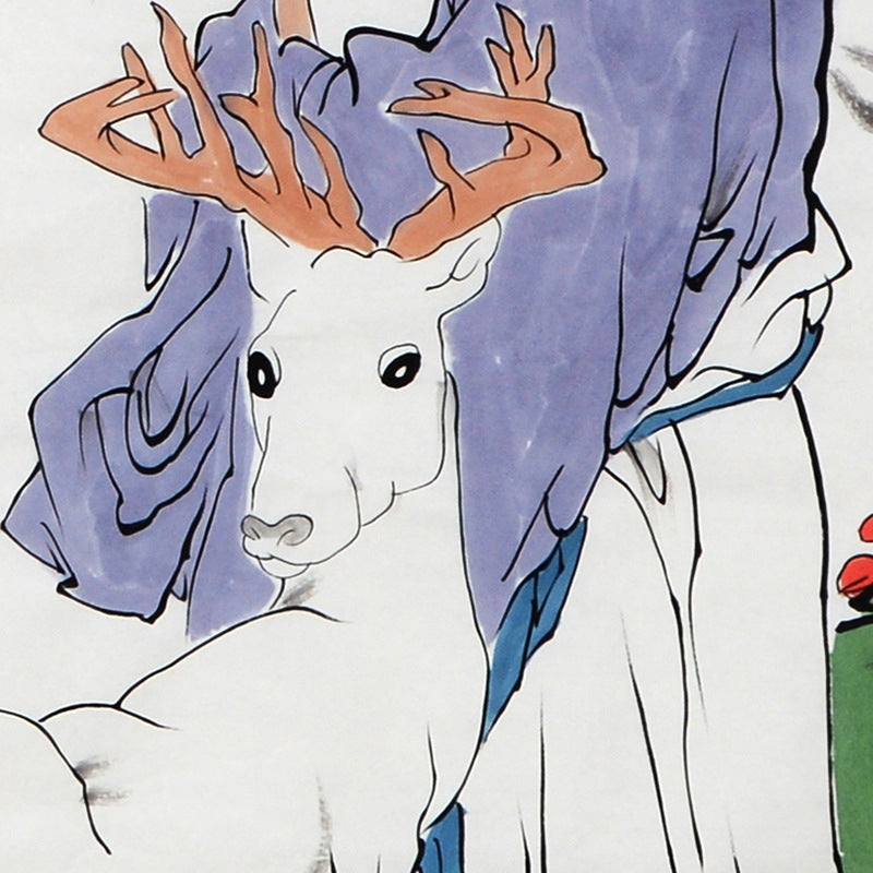 Detail of white deer with branching antlers in Fan Zeng inspired hand-painted Laozi Yanyi 老子演易 Chinese figure painting