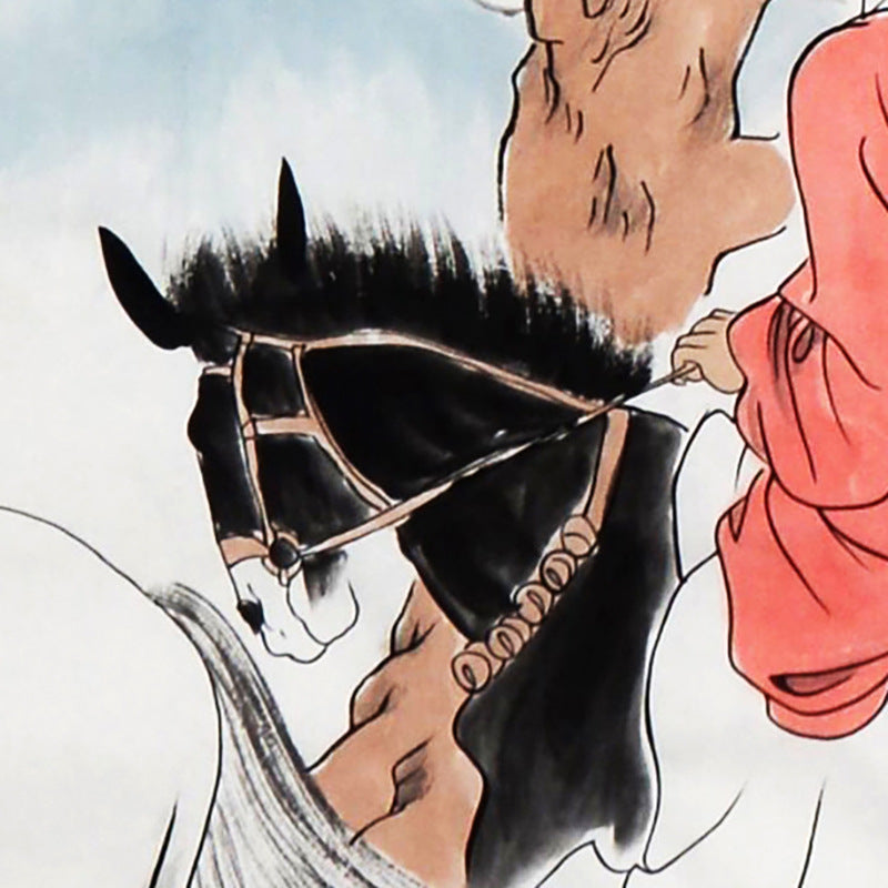 Detail of black horse and red-robed rider in Fan Zeng inspired Six Dynasties poetic Chinese figure painting