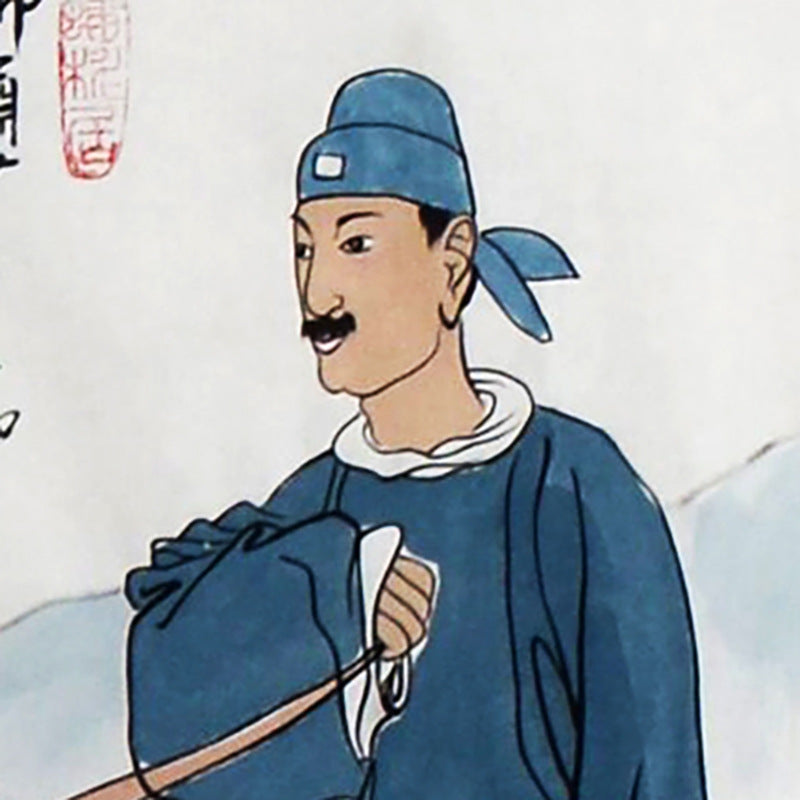 Detail of blue-robed mounted figure in Fan Zeng inspired Six Dynasties poetic Chinese figure painting