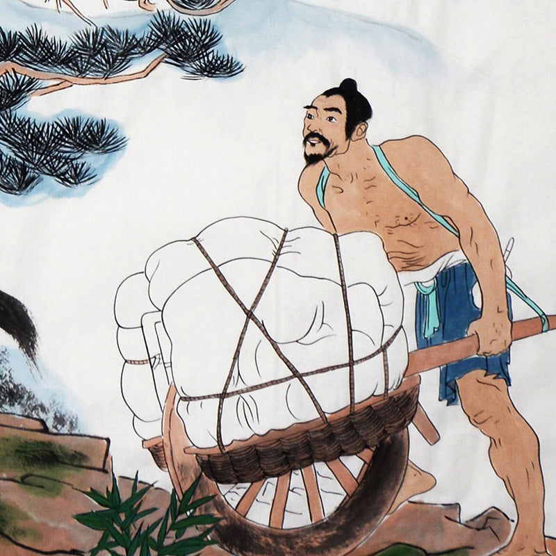 Detail of porter pushing a loaded cart beneath pine in Fan Zeng inspired Six Dynasties poetic Chinese figure painting