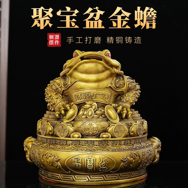 Detailed brass Jin Chan Feng Shui money toad ornament with treasure bowl and auspicious coin motifs
