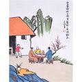 Feng Zikai inspired hand-painted Chinese figure painting of friends seated at a small table beside peach blossoms, 45 x 35 cm