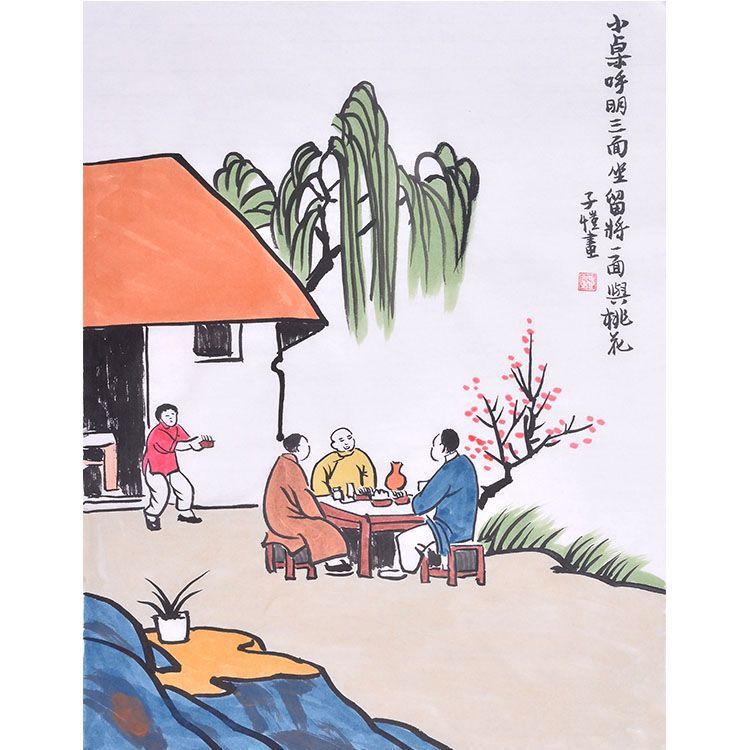 Feng Zikai inspired hand-painted Chinese figure painting of friends seated at a small table beside peach blossoms, 45 x 35 cm