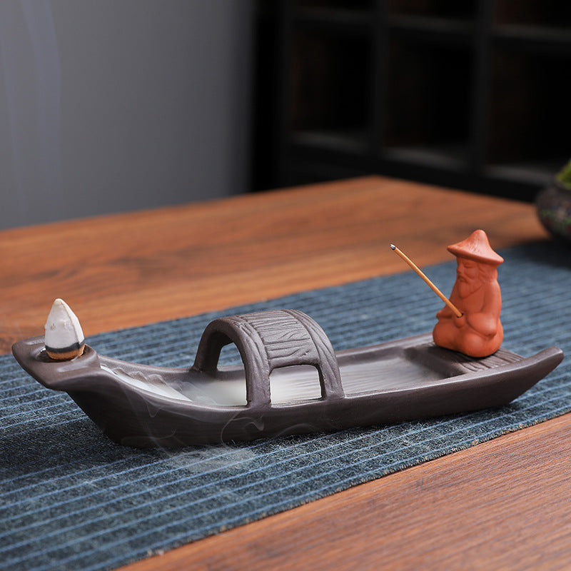 Fisherman boat incense holder with backflow cone and incense stick