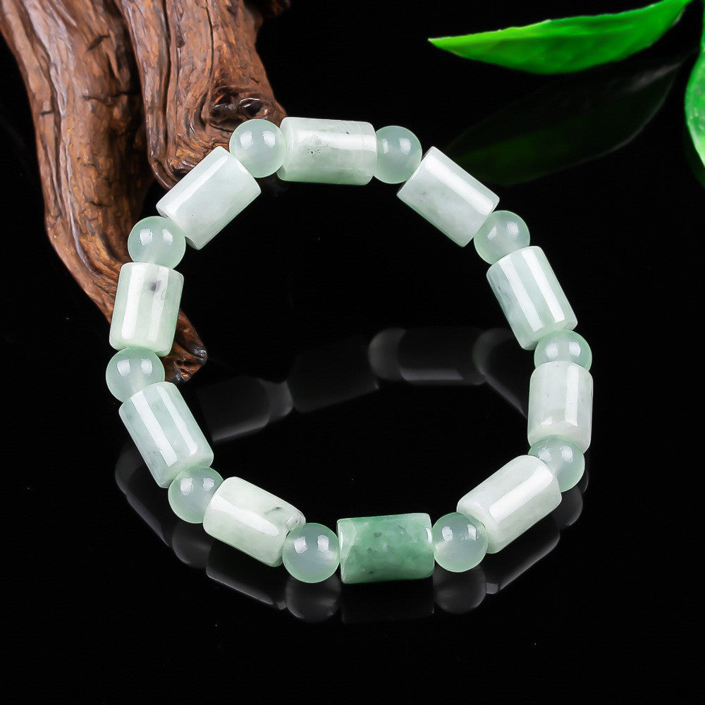 Certified natural jadeite floating green barrel bead bracelet with round spacers