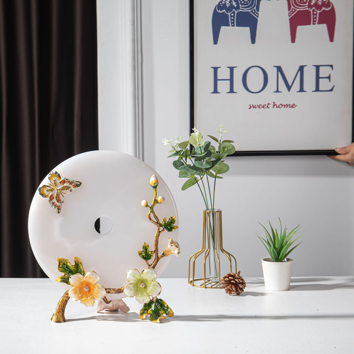 Jade-look disc flower branch sculpture