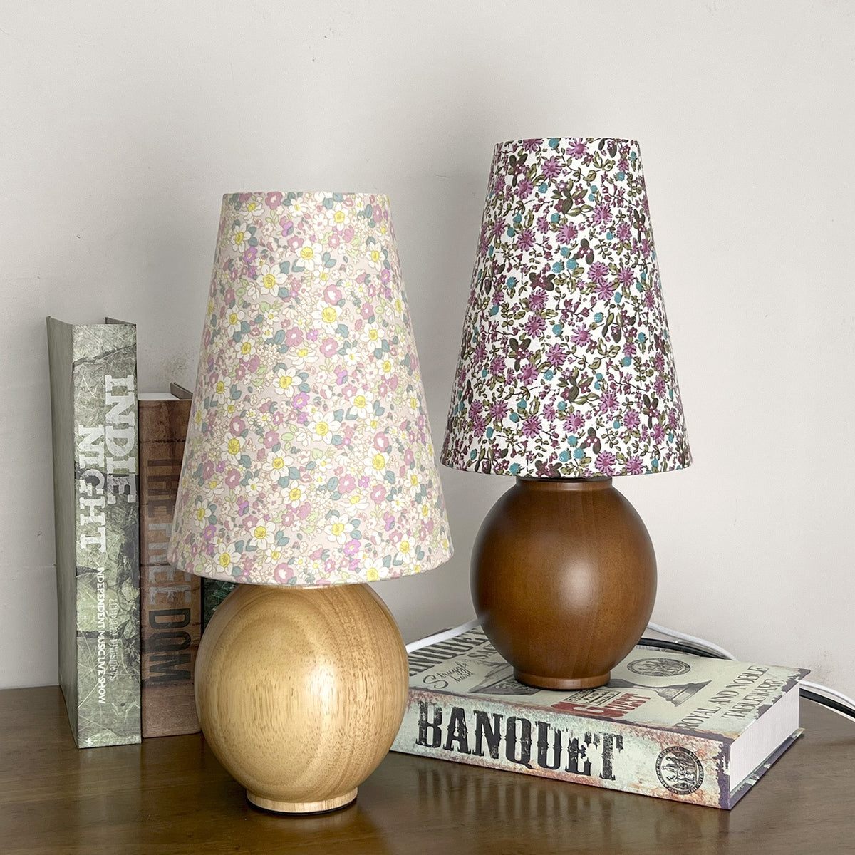 Floral pleated shade table lamp collection with natural and walnut wood sphere bases