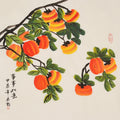 Framed hand-painted Chinese persimmon painting with Shishi Ruyi 事事如意 calligraphy, auspicious orange persimmons and green leaves