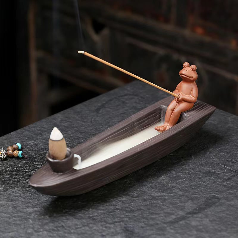 Frog boat incense holder with backflow cone burner and long incense stick