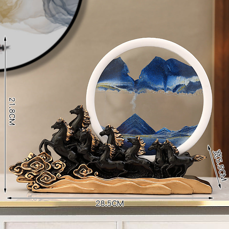 Black galloping horses moving sand art sculpture for office and console
