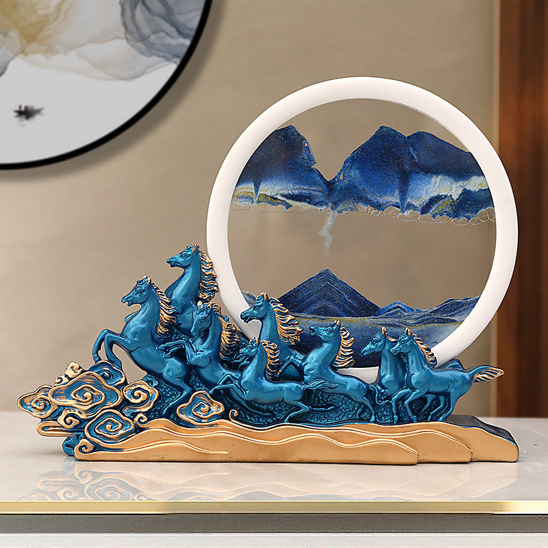 Blue eight horses moving sand sculpture for New Chinese decor