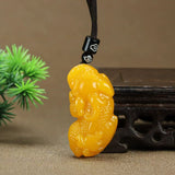Golden Yellow Pixiu Carved Pendant – Chinese Prosperity Guardian Amulet Necklace