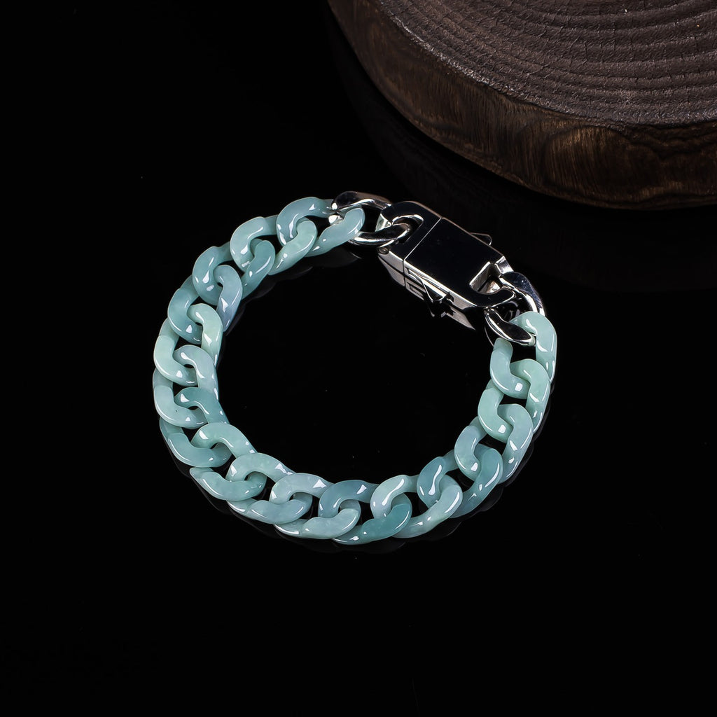 12 mm blue green jadeite Cuban bracelet polished link detail