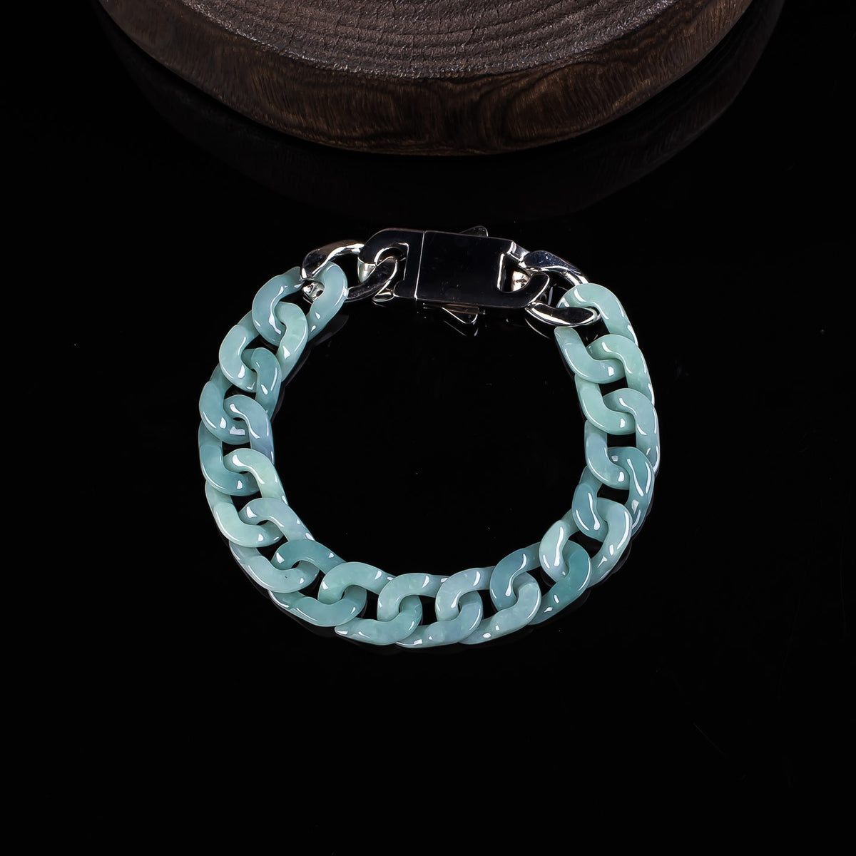 Natural jadeite curb chain bracelet with silver tone clasp