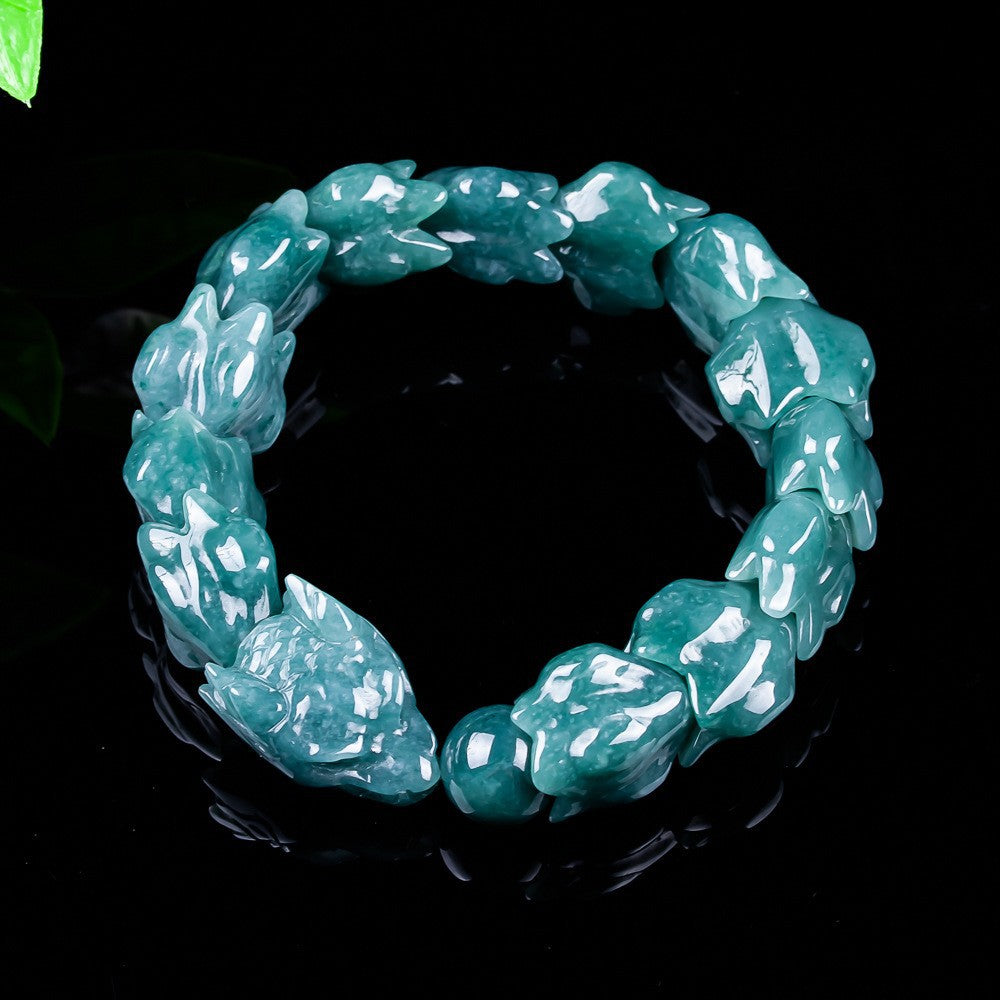 Certified natural Grade A blue water jadeite 16 mm dragon bone bracelet with carved dragon head
