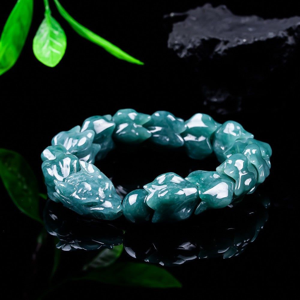 16 mm carved jadeite dragon bone bracelet front view
