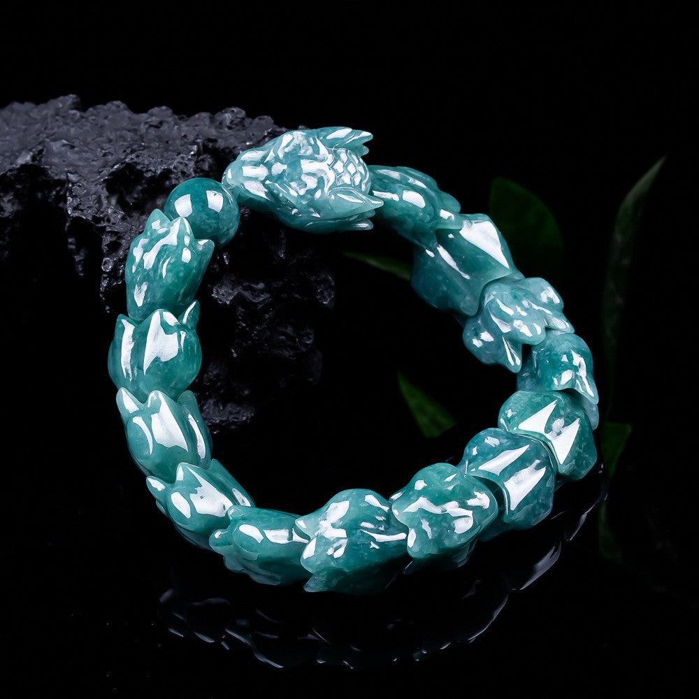 Blue green jadeite dragon head bracelet polished sculptural beads